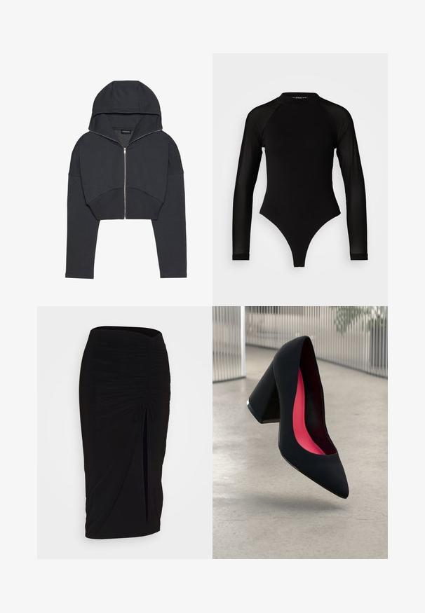 Felpa nera tagliata, realizzata in un tessuto morbido, con zip frontale, ampio cappuccio e polsi a coste. Presenta un design minimalista senza pattern.; Bodysuit nero a maniche lunghe con collo alto, caratterizzato da un tessuto solido sul torso e maniche in rete trasparente, progettato con una forma aderente.; Gonna a tubino nera, arricciata, con dettaglio a fiocco e uno spacco laterale. Realizzata in un tessuto elasticizzato, presenta una texture liscia e un design aderente.; Scarpa con tacco alto nera, con punta affusolata, superficie testurizzata e un vivace interno rosa. Presenta un tacco spesso con un accento argentato.