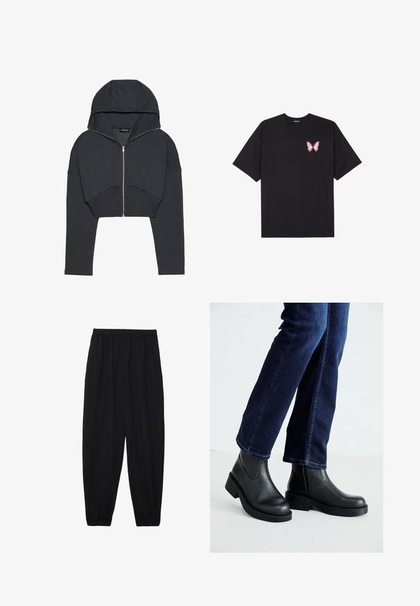 Gekürzter schwarzer Hoodie aus weichem Stoff mit Reißverschluss vorne, großer Kapuze und gerippten Bündchen. Hat ein minimalistisches Design ohne Muster.; Schwarzes Baumwoll-T-Shirt mit kurzen Ärmeln, das ein kleines pinkes Schmetterlingsmotiv auf der linken Brust zeigt. Crewneck-Design mit einem entspannten Schnitt.; Schwarze, leichte Hosen mit einem elastischen Bund und gerafften Knöcheln. Der Stoff ist glatt und hat ein entspanntes, schmal zulaufendes Design.; Schwarze Lederstiefeletten mit einer dicken Sohle und seitlichen Elastikeinsätzen, kombiniert mit dunkelblauen Jeans. Der Boden ist hellfarbig.