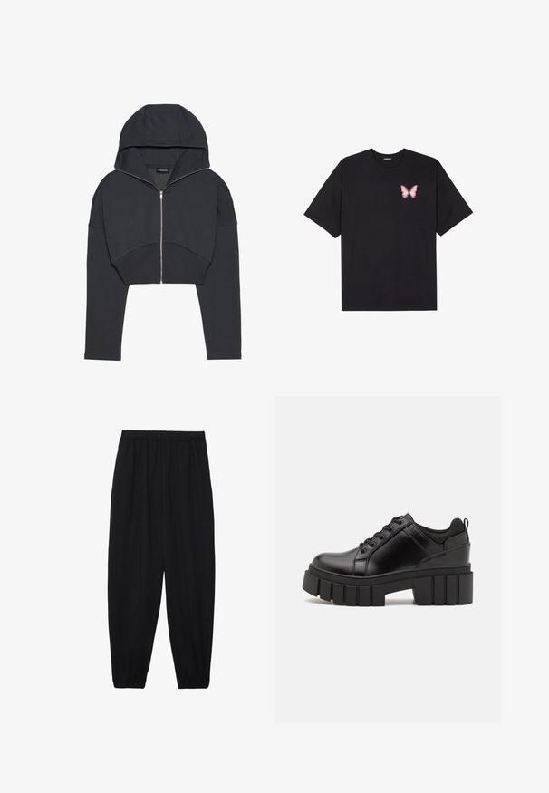 Kurtā melnā kapuce, kas izgatavota no mīkstas auduma, ar priekšējo rāvējslēdzēju, lielu kapuci un ribotām aprocēm. Iezīmē minimalistisku dizainu bez rakstiem.; Melna kokvilnas T-krekls ar īsām piedurknēm, kuram priekšā kreisajā pusē ir neliels rozā tauriņa grafiskais attēls. Ar apaļu kaklu un brīvā stila piegriezumu.; Melnas, vieglas bikses ar elastīgu jostu un savilktiem potītiem. Audums ir gluds un to raksturo brīva, sašaurināta forma.; Melnas ādas platformas kurpes ar masīvu bloku papēdi, apaļu purngalu un tradicionālu saistīšanas dizainu. Izceļas ar gludu tekstūru un minimālu apdari.