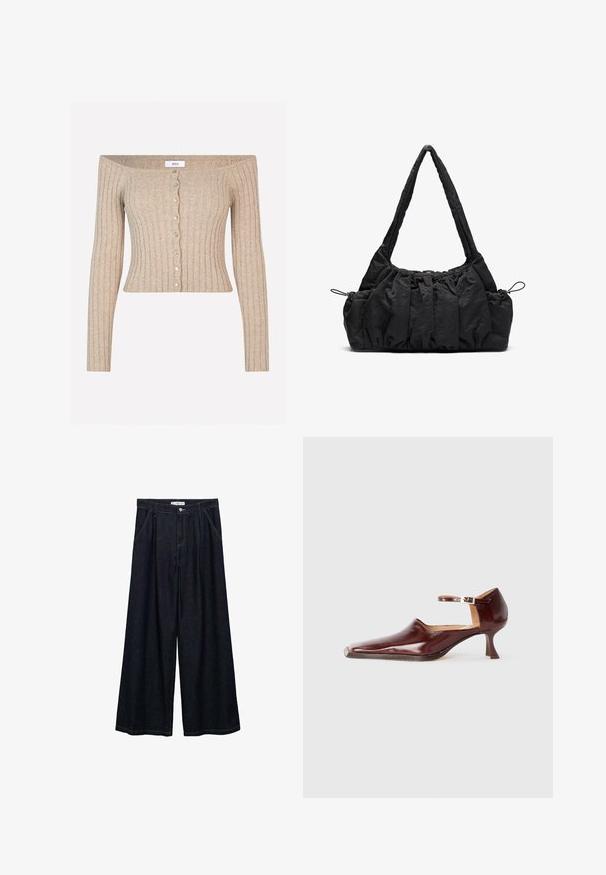 Beige gerippter Schulterfreier Pullover mit langen Ärmeln, figurbetonter Silhouette und gewellter Knopfleiste mit dekorativen Knöpfen.; Graues Langarmshirt mit rundem Ausschnitt, ausgestattet mit einer weißen Borte am Kragen und an den Bündchen. Hergestellt aus weichem, strukturiertem Stoff.; Dunkelblaue, weite High-Waist-Hosen aus Denim mit einem Knopfverschluss vorne, zwei Seitentaschen und Nähdetails.; Burgunderfarbenes Lackleder-Schuhwerk mit einer spitzen Zehe, Knöchelriemen und einem 5 cm hohen, konisch zulaufenden Absatz. Glatte Textur und minimalistisches Design.; Schwarze Stoffhandtasche mit geraffter Textur, zwei Schulterträgern und Kordelzugverschluss an den Seiten. Glattes, leichtes Material.