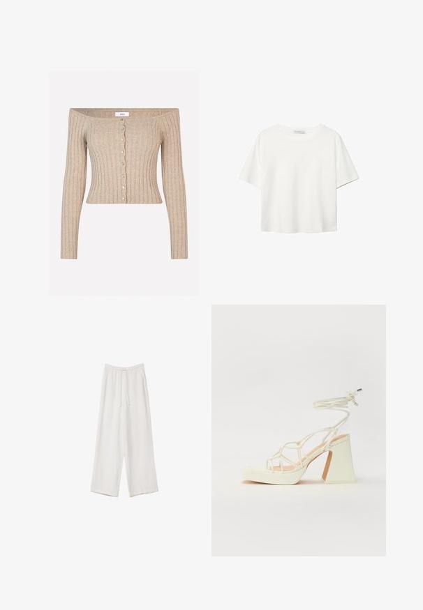 Krémový žebrovaný svetr bez ramínek s dlouhými rukávy, přiléhavým střihem a volánkovou knoflíkovou légou s dekorativními knoflíky.; Bílý krátký rukáv tričko vyrobené z bavlny. Má kulatý výstřih a volný střih. Hladký materiál bez viditelných vzorů nebo akcentů.; Bílé široké kalhoty vyrobené z lehké tkaniny. Mají elastický pas se šňůrkou a boční kapsy. Hladká textura.; Bílé sandály na vysokém podpatku s robustním podpatkem, s designem s pásky a zavazováním kolem kotníku. Hladký povrch s platformou vpředu pro zvýšení výšky.