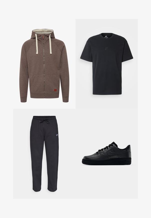 Brauner Zip-Hoodie aus strukturiertem Stoff, mit kontrastierenden cremefarbenen Kordeln, zwei Fronttaschen und einem kleinen Lederakzent.; Schwarzes Baumwoll-T-Shirt von Nike mit klassischem Rundhalsausschnitt, kurzen Ärmeln und einem dezenten, geprägten Logo auf der Brust. Glatte Textur.; Schwarze Sweatpants aus weichem Stoff mit elastischem Bund, Kordelzug und kleinem Nike-Logo auf dem linken Oberschenkel.; Schwarzer Nike Air Force 1 Schuh mit einem glatten Lederoberteil, perforierter Zehenpartie für Atmungsaktivität, schwarzen Schnürsenkeln und einer strukturierten Gummisohle.