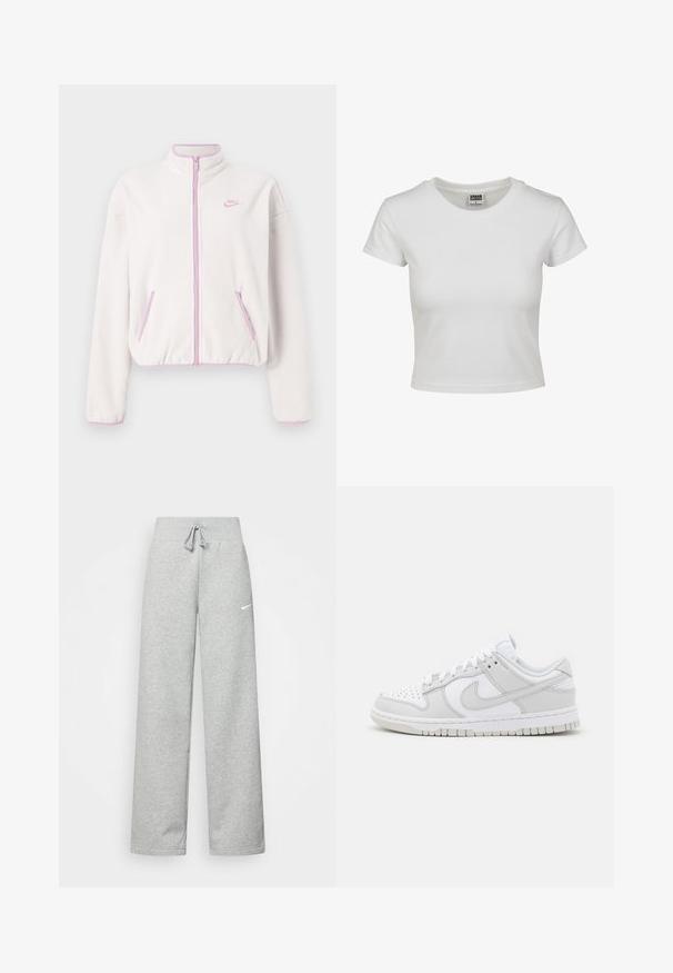 Bela jakna iz flisa z visokim ovratnikom, roza zadrgo in obrobami, ki ima dve sprednji žepi in majhen roza logo na levi stranici prsnega dela.; Bela bombažna majica s klasičnim okroglim ovratnikom, kratkimi rokavi in prilegajočim se krojem. Ni vidnih vzorcev ali dodatkov.; Sive hlače iz trenirke z elastičnim pasom, detajlom na vezanje in majhnim belim logotipom Nike na levem stegnu. Mehak material, ohlapen kroj.; Bela usnjena športna obutev z sivo-nitastimi detajli, perforiranim prstom, ravnimi vezalkami, oblazinjeno ovratnikom in teksturirano gumijasto podplatom.
