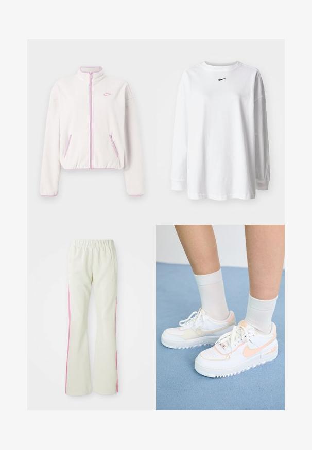 Casaco de lã branco com gola alta, fecho e detalhes em rosa, apresentando dois bolsos frontais e um pequeno logótipo rosa no peito esquerdo.; T-shirt branca de manga longa, feita de algodão, com decote redondo e um pequeno logo preto da Nike no peito. Design simples, corte relaxado.; Calças bege claras com uma cintura elástica, apresentando painéis laterais cor-de-rosa e bolsos laterais. Textura suave com um design de perna reta.; Sapatilhas brancas com detalhes em pêssego, parte superior em couro liso, biqueira perfurada, sola texturizada e atacadores. Usadas com meias brancas até ao tornozelo sobre uma superfície azul.