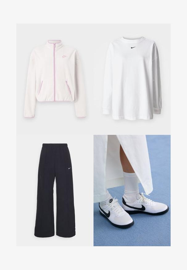 Casaco de lã branco com gola alta, fecho e detalhes em rosa, apresentando dois bolsos frontais e um pequeno logótipo rosa no peito esquerdo.; T-shirt branca de manga longa, feita de algodão, com decote redondo e um pequeno logo preto da Nike no peito. Design simples, corte relaxado.; Calças largas pretas com um cós elástico e um pequeno logótipo branco da Nike. O tecido tem uma textura suave, projetado para conforto e uso casual.; Ténis brancos da Nike com detalhes pretos, apresentando um cabedal em pele lisa, atacadores brancos e solas de borracha resistentes, combinados com meias brancas com textura ribada.