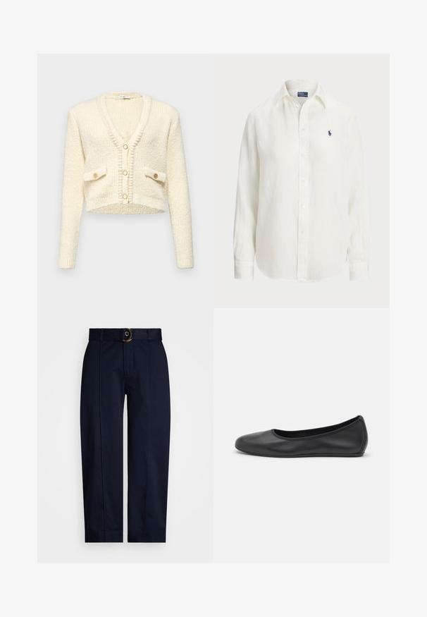Gilet créme court avec col en V, tissu tricoté texturé, deux poches avant et trois boutons ronds de couleur contrastante.; Chemise en lin blanche à manches longues, col boutonné et boutons sur le devant. Présente un petit logo brodé bleu sur la poitrine.; Pantalons bleu marine avec une ceinture tissée et une boucle en métal doré, présentant une coupe droite et des plis repassés à l'avant.; Ballerines en cuir noir avec un bout rond, texture lisse, détails de couture minimalistes et design de semelle flexible.