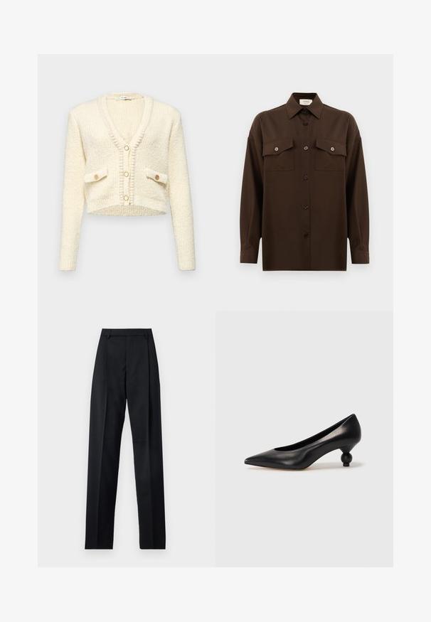 Cardigan scurt, crem, cu decolteu în V, dintr-un material tricotat texturat, cu două buzunare frontale și trei nasturi rotunzi de culoare contrastantă.; Cămașă lungă, cu mâneci lungi, de culoare maro închis, cu două buzunare frontale cu clapetă și guler clasic, expusă pe un fundal alb simplu.; Pantaloni negri dintr-un material neted, cu talie înaltă, picioare largi, pliuri frontale și loop-uri clasice pentru curea. Fără buzunare laterale vizibile.; Pantofii cu toc înalt din piele neagră, cu vârf ascuțit și toc rotund, mimos. Textură netedă, cu un design elegant și minimalist.