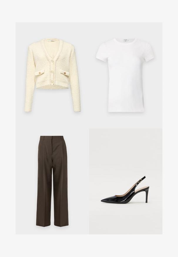 Skôr krátky krémový kardigán s V-výstrihom, textúrovanou pletenou látkou, dvoma prednými vreckami a tromi okrúhlymi gombíkmi v kontrastnej farbe.; Biela rebrovaná tričko s krátkym rukávom a okrúhlym výstrihom. Tkanina vyzerá hladko s priliehavým strihom. Značková etiketa je viditeľná na golieri.; Hnedé široké nohavice s hladkou textúrou, s vysokým pásom, prednými plisovaním a strihom na mieru. Žiadne viditeľné vrecká ani ozdoby.; Čierne lakované kožené slingback lodičky s špicatou špičkou, štíhlým podpätkom a jemným výrezom. Obsahuje zlatú pracku na remienku.