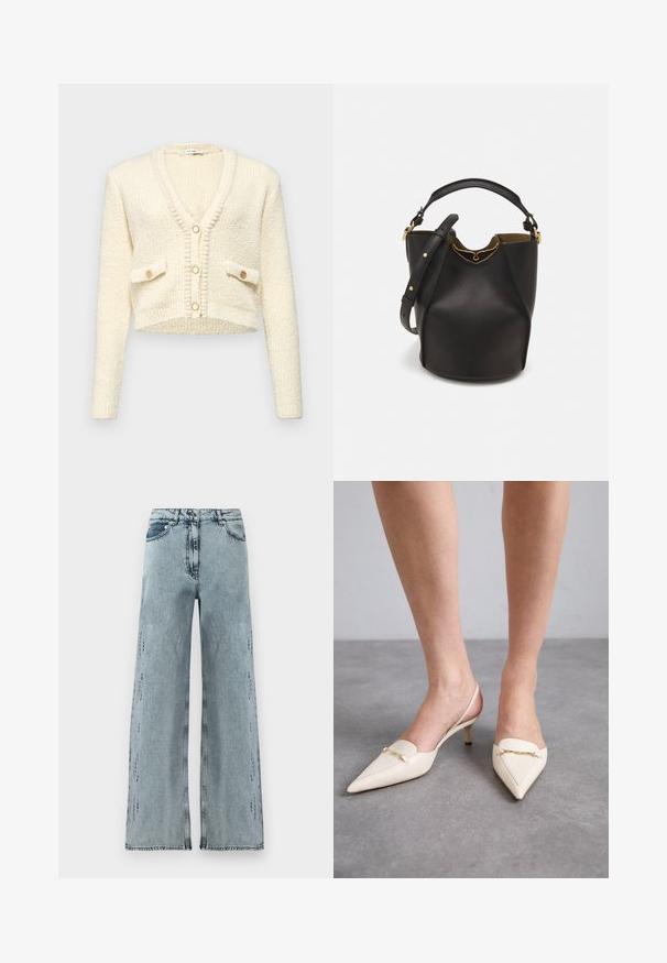 Kort crèmekleurig vest met een V-hals, textuur gebreide stof, twee voorkruiszakken en drie ronde knopen in een contrasterende kleur.; Iro EMMA - Top - white; Lichtblauwe wijde denim jeans, met een hoge taille, subtiele slijtage en een losse pasvorm met rechte pijpen.; Crèmekleurige, puntige slingback-hakken met een slanke middenhak, voorzien van een gouden kettingaccent op de wreef en een gladde leren textuur.; Zwarte leren emmer tas met een gestructureerde afwerking, gouden hardware accenten en een open bovenkant. Heeft een korte handgreep en een verstelbare schouderriem.