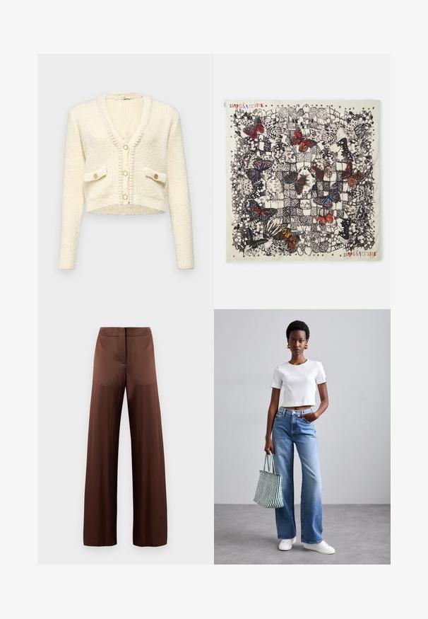 Rövidített krém színű kardigán V nyakkivágással, struktúrált kötött anyagból, két elülső zsebbel és három kerek gombbal, amelyek kontrasztos színűek.; Fekete, rövid ujjú póló V-nyakkivágással, sima, rugalmas anyagból készült. Egyszerű, klasszikus fazonnal rendelkezik, díszítések nélkül.; Barna, bő szárú nadrág sima, könnyű anyagból, lapos elülső résszel, zsebek nélkül és egyenes sziluettel.; Fehér bordázott rövidített póló, világoskék, bő szárú farmernadrág és fehér edzőcipő. Zöld és fehér csíkos vászontáskát tart.; Négyzet alakú selyemsál, amelyen részletes pillangóillusztrációk láthatók különböző színekben világos háttéren, fekete körvonalakkal és dekoratív mintázattal.