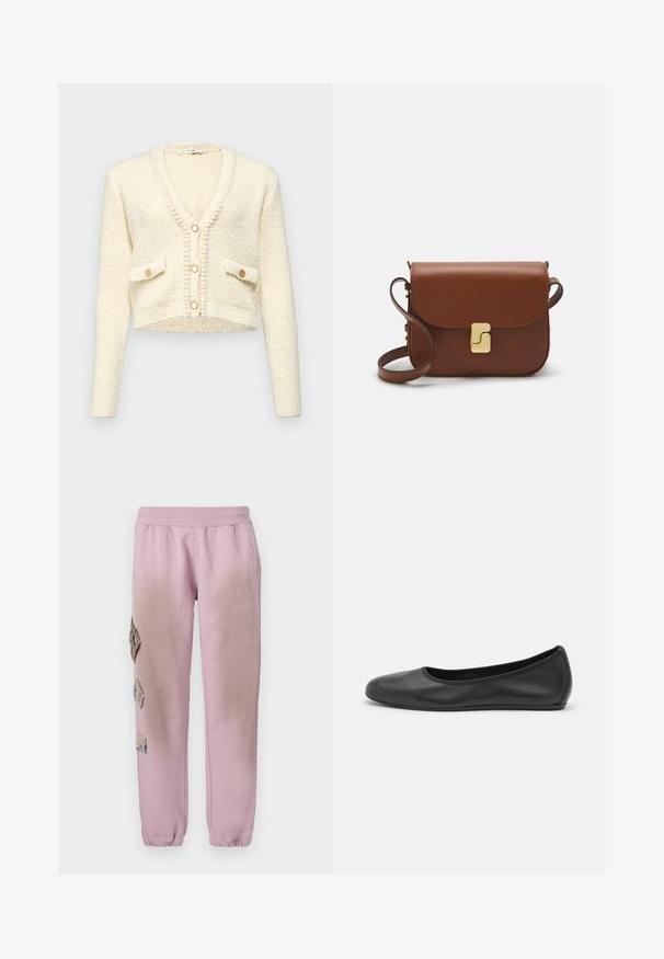 Skrocżony kremowy kardigan z dekoltem w serek, teksturowanym dzianinowym materiałem, dwoma przednimi kieszeniami i trzema okrągłymi guzikami w kontrastowym kolorze.; Biała koszulka krótki rękaw wykonana z materiału prążkowanego. Okrągły dekolt, regularny krój i subtelne detale szwów. Bez wzorów ani grafik.; Różowe dresy z elastycznym pasem, zdobione dekoracyjnymi łatkami w kształcie diamentów po lewej stronie oraz elastycznymi mankietami na kostkach.; Czarne skórzane baletki z zaokrąglonym noskiem, gładką fakturą, minimalnymi przeszyciami i elastycznym designem podeszwy.; Brązowa skórzana torebka na ramię z klapką, złotymi detalami, paskiem na ramię i gładką teksturą. Kompaktowy prostokątny kształt.