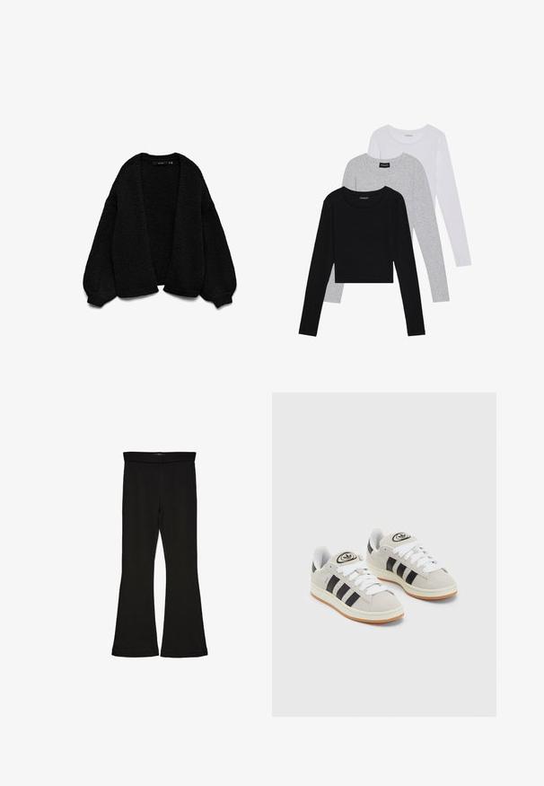 Must mustri kootud kardigan tekstuuriga viimistlusega, avatud ees, üleöö suurte varrukatega. Omab soonikuid mansettide ja äärte piirkonnas.; Kolm pikkade varrukatega toppi, mis on üksteise peale asetatud: must, hall ja valge. Igal ühel on ümar kaelus ja lühike disain, valmistatud siledast, kergekaalulisest kangast.; Mustad mustad sääred, mis on valmistatud venivast kangast. Omab laia vööd ja siledat tekstuuri, sobituv siluett, mis laieneb allservas.; Hallid hallid nahkrennid valgete paeltega, mustade triipudega ja valge kummitaldiga. Omab ümmargust logo keeles ja kummitalda.