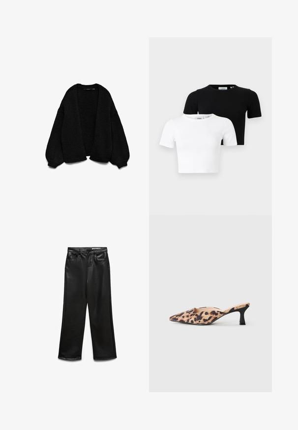Schwarze Strickjacke mit strukturiertem Finish, offenem Frontdesign und übergroßen Ärmeln. Mit gerippten Bündchen und Saum.; Set aus zwei kurzärmligen, taillierten T-Shirts in Schwarz und Weiß, aus geripptem Stoff mit rundem Ausschnitt und figurbetontem Schnitt.; Schwarze weite Hose aus Kunstleder mit Fronttaschen, Gürtelschlaufen und dezentem Glanz. Glatte Textur und maßgeschneiderte Passform.; Spitz zulaufender Muleschuh mit Leopardenmuster-Obermaterial und niedrigem schwarzen Kittenheel auf hellen Hintergrund.