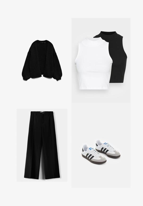 Čierny pletený kardigán s textúrovaným povrchom, s otvoreným predným dizajnom a nadmernými rukávmi. Obsahuje rebrované manžety a lem.; Dve bezrukávové rebrované roláky v čiernej a bielej farbe, pričom majú priliehavý strih a hladkú textúru, s krátkou dĺžkou.; Čierne široké nohavice z ľahkého materiálu, s predným zapínaním na gombík a plochým predným dielom, s pekne ušitými lemami.; Športové topánky s bielym koženým zvrškom, šedou semišovou špičkou a tromi čiernymi pruhmi. Obsahujú modré logo na jazyku a štruktúrovanú gumovú podrážku.