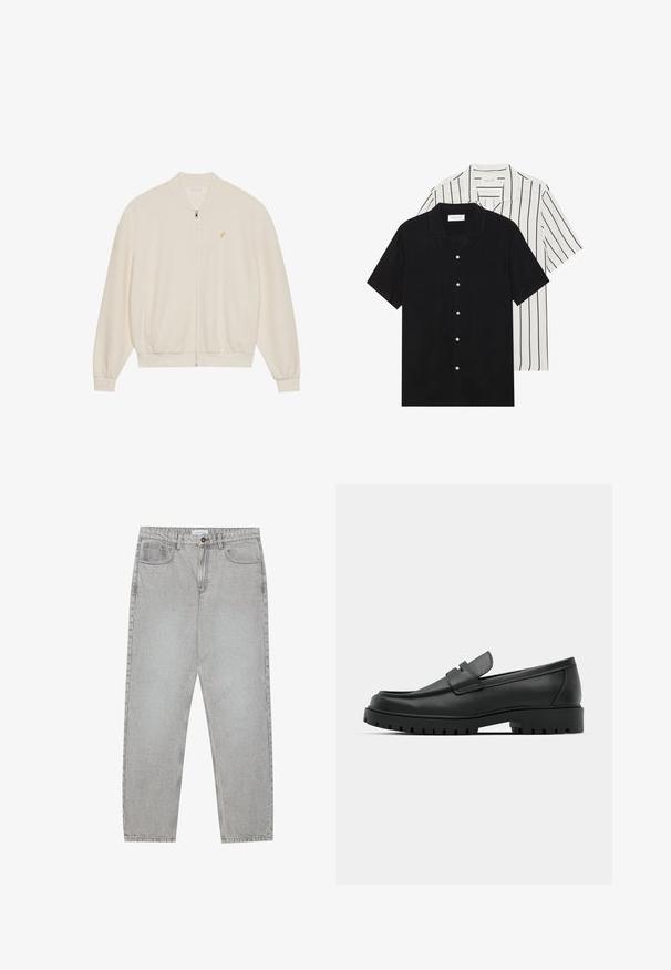 Valge tõmbluku sweatshirt, millel on sooniktekstuur, soonilised randmed ja äär, küljetaskud ning väike kuldne logo aktsent rinnal.; Kaks lühikeste varrukatega särki: üks ühtlane must, teine valge mustade vertikaalsete triipudega. Mõlemal on nööbiga kinnitamine ja klassikaline krae.; Heledad hallide denimpüksid otse säärekujundusega, viie-taskulise stiliseerimise ja nupukinnitusega. Nähtav õmblus kõrvuti.; Mustad musta nahast loafers, millel on ümar varvas, tikandiga disain, madal platvorm-soon ja tekstureeritud, soonikkummist välistald.