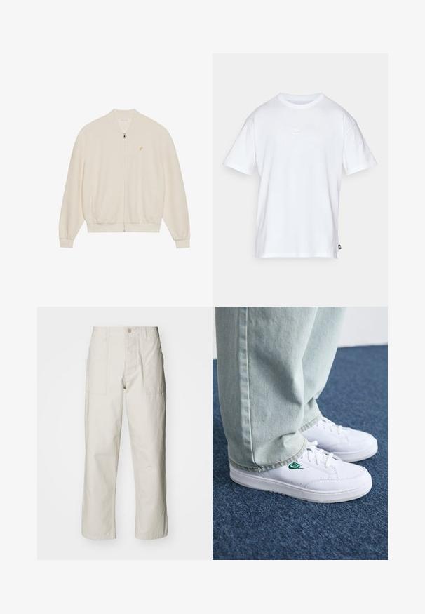 Felpa bianca con zip, texture a costine, polsini e orlo a costine, tasche laterali e un piccolo logo dorato sul petto.; T-shirt bianco in cotone con maniche corte e colletto tondo. Presenta un piccolo e discreto logo Nike sul petto e un'etichetta laterale.; Pantaloni a gamba larga beige chiaro in cotone. Presentano tasche frontali e chiusura con bottone. Tessuto liscio con sottili linee verticali.; Sneakers in pelle bianca con logo Nike verde, punta rotonda, suola piatta, abbinati a pantaloni in denim azzurro, mostrati su un tappeto blu.