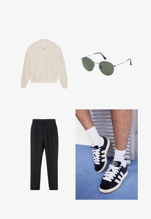 Sweatshirt zippé blanc avec texture côtelée, poignets et ourlet côtelés, poches latérales et un petit accent logo doré sur la poitrine.; T-shirt en coton blanc à manches courtes, col rond et coupe décontractée. Texture lisse sans motifs ou accents visibles.; Pantalons noirs avec un design de devant plissé, fabriqués à partir d'un tissu lisse. Comprend une fermeture par bouton et des passants de ceinture ; coupe droite.; Baskets en suede noir avec des lacets blancs et trois rayures blanches. Présente un logo circulaire noir sur la languette et une semelle en caoutchouc beige.; Lunettes de soleil en métal avec des verres ovales verts. Monture en métal argenté mince et embouts d'oreille noirs. Design minimaliste, sans logos visibles.