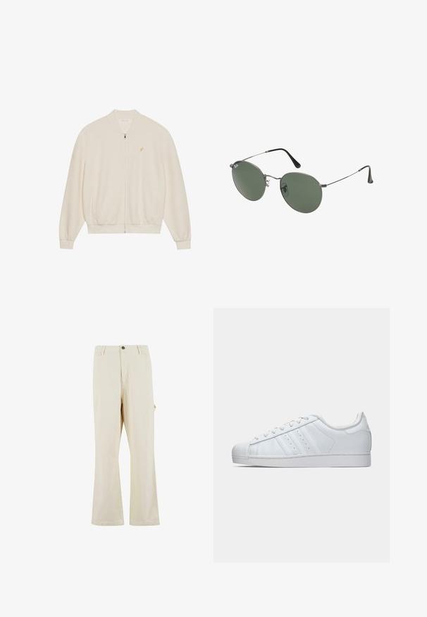 Witte zip-up sweatshirt met ribbeltextuur, ribbelmanchetten en -zoom, zijzakken en een klein gouden logo-opaccent op de borst.; Witte katoenen t-shirt met korte mouwen, ronde hals en een relaxed fit. Gladde textuur zonder zichtbare patronen of accenten.; Beige, wijde broek gemaakt van een katoenmix met een knoopsluiting. Voorzien van zijzakken en een subtiele textuur. Naaddetails zichtbaar.; Witte leren sneaker met een getextureerde rubberen neus, drie zijstreepjes en een gevoerde kraag. Platte witte veters en een minimalistisch ontwerp.; Metalen zonnebril met ovale groene lenzen. Dunne zilveren metalen rand en zwarte oorstoppers. Minimalistisch ontwerp, zonder zichtbare logo's.