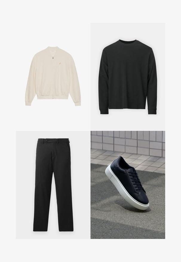 Weißer Zip-Up Hoodie mit gerippter Textur, gerippten Bündchen und Saum, Seitentaschen und einem kleinen goldenen Logoakzent auf der Brust.; Langärmliges schwarzes T-Shirt aus Baumwolle, mit Rundhalsausschnitt, lockerer Passform und gerippten Bündchen. Weiche Textur ohne sichtbare Muster.; Schwarze Hose aus Baumwollmischgewebe mit geradem Bein, Knopfverschluss und nahtlosen Seitentaschen.; Schwarze Leder-Sneaker mit runder Zehenpartie und weißer Gummisohle. Verfügt über flache Schnürsenkel und minimale Nähte im Obermaterial. Strukturiertes Sohlenprofil für besseren Halt.