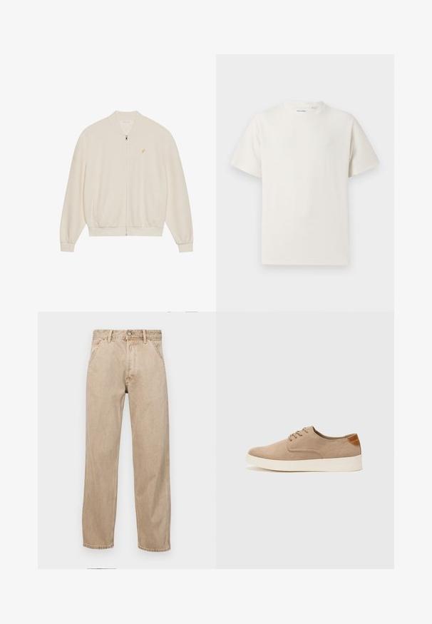 White zip-up sweatshirt with ribbed texture, ribbed cuffs and hem, side pockets, and a small gold logo accent on the chest.; White short-sleeve T-shirt in a ribbed texture. Round neckline, relaxed fit, no visible patterns or accents. Simple and versatile design.; Beige denim jeans with a straight leg design, featuring front pockets, a metal button closure, and subtle texture.; Beige suede sneakers with a rounded toe, lace-up front, and a textured back accent. White rubber sole provides contrast. Simple and modern design.