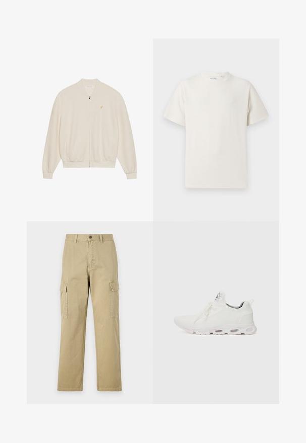 Felpa bianca con zip, texture a costine, polsini e orlo a costine, tasche laterali e un piccolo logo dorato sul petto.; T-shirt bianca a maniche corte in texture a coste. Girocollo, vestibilità rilassata, senza modelli o accenti visibili. Design semplice e versatile.; Pantaloni cargo beige in cotone, dotati di due tasche laterali, chiusura con bottone e gamba dritta con tessuto leggermente texture.; Scarpe atletiche bianche con tomaia in maglia testurizzata, lacci piatti e una suola ammortizzata con camere d'aria visibili per un supporto aggiuntivo.