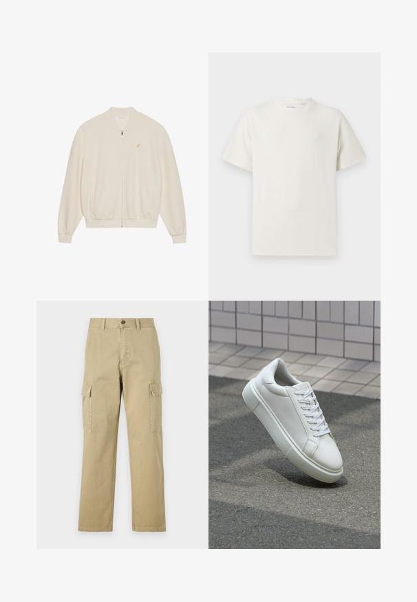 Felpa bianca con zip, texture a costine, polsini e orlo a costine, tasche laterali e un piccolo logo dorato sul petto.; T-shirt bianca a maniche corte in texture a coste. Girocollo, vestibilità rilassata, senza modelli o accenti visibili. Design semplice e versatile.; Pantaloni cargo beige in cotone, dotati di due tasche laterali, chiusura con bottone e gamba dritta con tessuto leggermente texture.; Sneaker bianco in pelle con superficie liscia, punta rotonda e lacci piatti bianchi. Presenta una suola in gomma texturizzata e un design minimale.