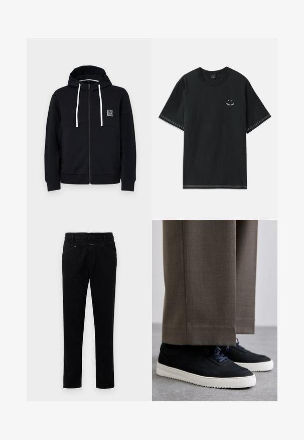 Fekete kapucnis pulóver cipzárral, fehér húzózsinórral, struktúrált fekete ujjak, és egy kis logó folt a mellkason. Puha anyag, hozzáillő fazon.; Fekete pamut póló rövid ujjakkal, kerek nyakkivágással és fehér varrási részletekkel. A mellkason egy kis grafika található.; Fekete farmer nadrág egyenes fazonnal, gombos záródással, öt zsebes kialakítással és sima textúrával.; Fekete velúr sportcipők fehér gumitalppal, kerek orrú, fűzős kialakítással, szürke, szabott nadrággal párosítva.