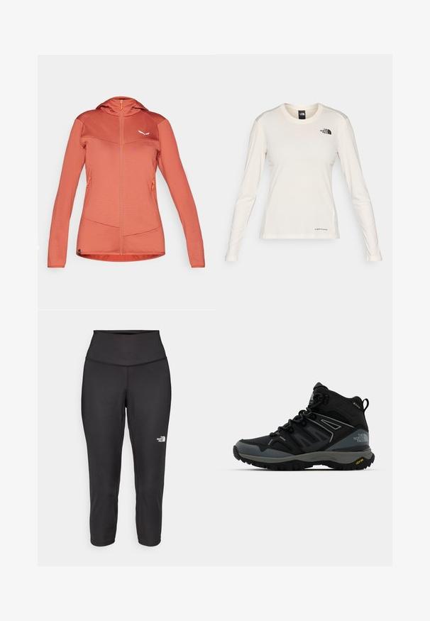 Ľahká, zapínacia bunda v koralovej farbe s textúrovanou tkaninou, priliehavou kapucňou a kontrastnými panelmi. Obsahuje dve bočné zipsové vrecká a logo.; The North Face SHADOW LONG SLEEVE - Top s dlhým rukávom - white dune; Čierne capri legíny vyrobené z elastickej tkaniny, s vysokým pásom a malým bielym logom na ľavej strane. Hladká textúra.; Stredne vysoká turistická obuv v čiernej a sivej farbe. Má textúrovaný zvršok, spevnenú špičku a Vibram podrážku pre lepšiu trakciu. Ľahký dizajn.