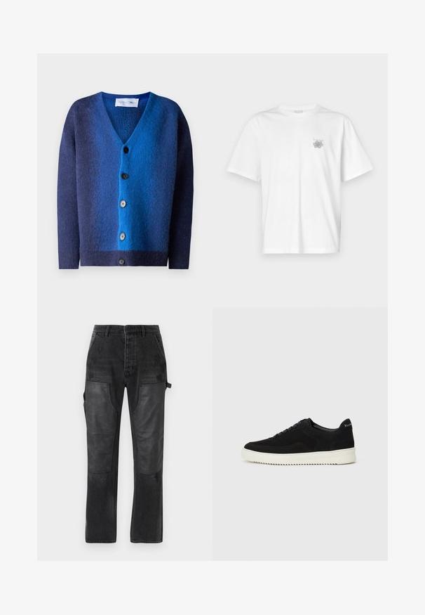 Cardigan gradient albastru cu decolteu în V, realizat dintr-un material tricotat moale. Are cinci nasturi și o căptușeală interioară texturată.; Tricou alb din bumbac, cu mâneci scurte, guler rotund și un mic logo gri în zona stângă a pieptului. Textură netedă.; Pantaloni din denim negri cu accente contrastante din piele neagră, design drept și detalii subtile de uzură pe material.; Adidași negri din suede cu design cu șireturi și talpă din cauciuc alb contrastant. Prezintă panouri laterale texturate și branding subtil pe toc.