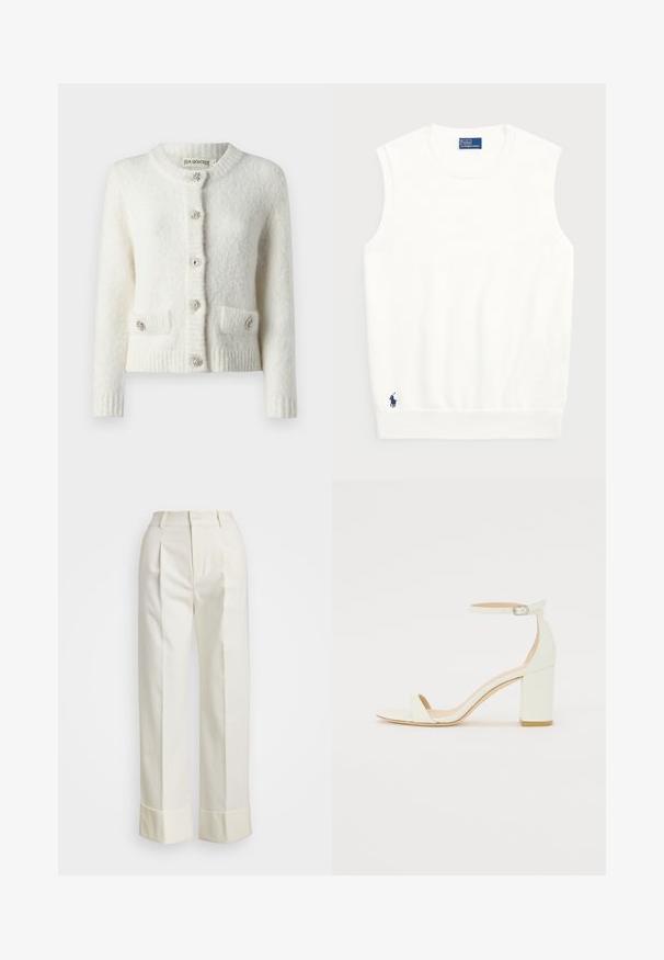 Valge kootud kardigan ümmarguse kaeluse, viie dekoratiivse nupuga, kahe ettepoole suunatud tasku ning soonikute ja alläänega. Pehme, tekstureeritud kangas.; Valge ilma varrukateta kootud sviiter, mis on valmistatud siledast puuvillast, ribitud äärtega ja väikese tumesinise logoga alumises vasakus nurgas. Lihtne disain, ilma mustriteta.; Valged kohandatud püksid, millel on kõrge talje, topeltesine voldid ja laiad sääred volditud äärtega. Valmistatud siledast, tekstureeritud kangast.; Valge nahast takjakandiga sandaal, millel on kinnitusrihm ja minimalistlik disain. Avatud varvastes ja sileda pinnaga.