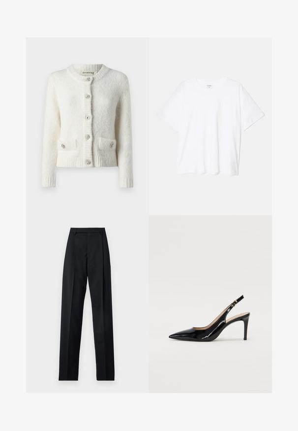 White knitted cardigan with a round neckline, five decorative buttons, two front pockets, and ribbed cuffs and hem. Soft, textured fabric.; White cotton t-shirt with short sleeves, round neckline, relaxed fit, and stitched hem. Label visible on the inside neck.; Black trousers made from smooth fabric featuring a high waist, wide legs, front pleats, and classic belt loops. No side pockets visible.; Black patent leather slingback pump with pointed toe, slim heel, and a subtle cutout design. Features a gold buckle on the strap.