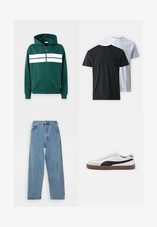 Green zip-up hoodie made of soft fabric, featuring a lined hood and two white horizontal stripes across the chest. Ribbed cuffs and hem.; Two cotton T-shirts shown back-to-back: one black and one white. Both feature short sleeves and crew necklines, with a smooth texture.; Light blue denim jeans with a high-waist, relaxed fit, featuring two front pockets, a back patch pocket, and a button closure.; White leather sneaker with black suede accent, round toe, flat brown rubber sole, and embossed gold logo on the side. Laces and padded collar.