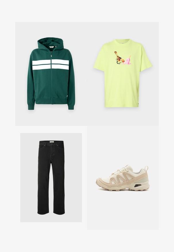 Grønn glidelåshettegenser laget av mykt stoff, med foret hette og to hvite horisontale striper over brystet. Ribbestrikkede mansjetter og nederkant.; Limegrønn bomull T-skjorte med grafikk av en fugl og en rosa iskremkonus, med en enkel rund hals og korte ermer.; Svarte denimjeans med rett ben har et klassisk fem-lommers design, knappestengning, minimal søm og en myk tekstur.; Beige og krem joggesko med teksturert mesh-overdel, støttende overlegg og gummisåle med et mønster for godt grep.
