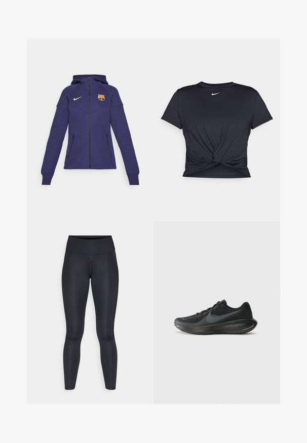 Fialová mikina FC Barcelona vyrobená z měkké tkaniny; má přední zip, kapuci, zlaté logo Nike, emblém klubu a dvě černé kapsy na zip.; Černé sportovní tričko vyrobené z hladkého materiálu, s uzlovým designem vpředu a malým bílým logem Nike na hrudi.; Černé legíny vyrobené z hladké, elastické tkaniny. Vysoký pas bez viditelných vzorů nebo akcentů. Těsně přiléhají od pasu k kotníkům.; Černá běžecká obuv Nike s texturovaným polyesterovým svrškem, hladkou gumovou podrážkou a zaobleným designem paty. Obsahuje ikonické logo swoosh.