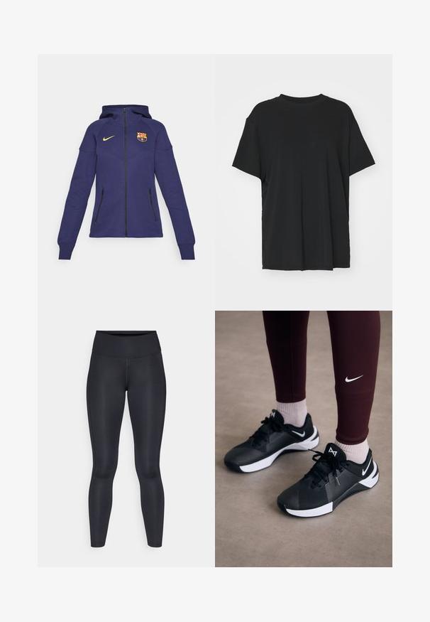 FC Barcelona vijolična kapuca iz mehkega materiala; ima prednji zadrgo, kapuco, zlat logotip Nike, grb kluba in dva črna žepa z zadrgo.; Črna kratka majica s kratkimi rokavi, izdelana iz gladkega materiala, s kroјnim ovratnikom in prostim krojem. Ima stranske razpoke za dodatno udobje in zračnost.; Črne legice narejene iz gladkega, elastičnega materiala. Visok pas brez vidnih vzorcev ali dodatkov. Tesno se prilegajo od pasu do gležnjev.; Črne športne čevlje z teksturirano zgornjimi deli in belimi akcenti, vključno z vezalkami in logotipom na strani. Oblečene z maroon legicami in svetlimi nogavicami.