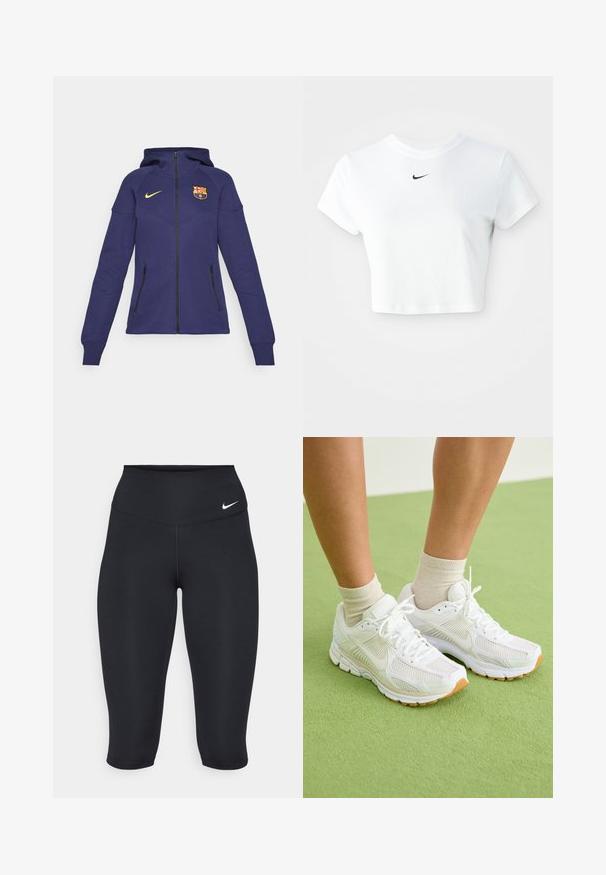 Fialová mikina FC Barcelona vyrobená z měkké tkaniny; má přední zip, kapuci, zlaté logo Nike, emblém klubu a dvě černé kapsy na zip.; Bílý zkrácený tričko z bavlny, s krátkými rukávy a kulatým výstřihem, s černým logem Nike na hrudi.; Nike černé capri legíny mají vysoký pas, hladký strečový materiál a jemný logo detail na přední straně.; Bílé sportovní boty s síťovinou, gumovými podrážkami a béžovými detaily. Nosené se světlými ponožkami na zeleném povrchu.