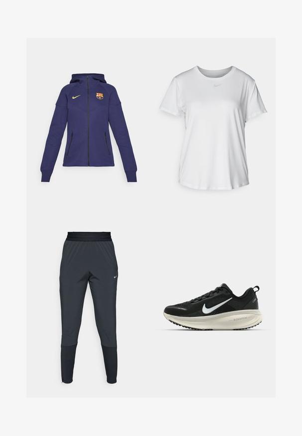 FC Barcelona lila kapucnis pulóver puha anyagból; cipzáras elülső rész, kapucni, arany Nike logo, klub embléma és két fekete cipzáras zseb jellemzi.; Fehér, rövid ujjú póló sima anyagból, kerek nyakkivágással és egy kis szürke Nike logóval a mellkason.; Nike sportnadrág sötétszürke színben, szűkített lábakkal, rugalmas derékpánttal és díszítésekkel a szárak közelében.; Fekete Nike futócipő légáteresztő hálós felsőrésszel, fehér Swoosh logóval, textúrázott részletekkel és krém színű ZoomX középtalppal.