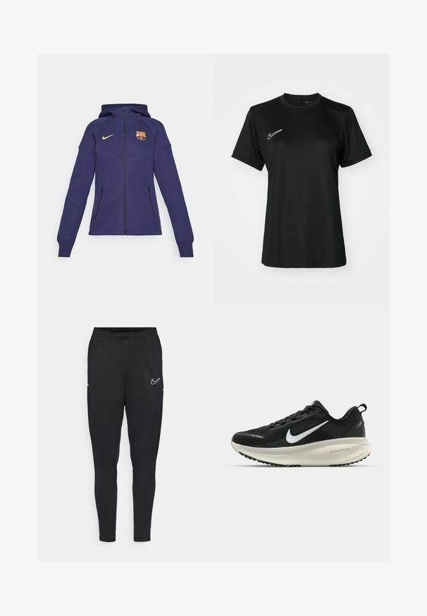 FC Barcelona lila Kapuzenpullover aus weichem Stoff; mit einem Reißverschluss vorne, Kapuze, goldenem Nike-Logo, Vereinswappen und zwei schwarzen Reißverschluss-Taschen.; Schwarzes, kurzärmeliges Sportshirt mit Rundhalsausschnitt. Verfügt über ein weißes Nike-Logo auf der oberen linken Seite. Glattes, leichtes Material.; Schwarze Sporthose aus leichtem Stoff, mit elastischem Bund, schmaler Passform und einem weißen Nike-Logo am Oberschenkel.; Schwarzer Nike-Laufschuh mit atmungsaktivem Mesh-Obermaterial, weißem Swoosh-Logo, strukturierten Details und einer cremefarbenen ZoomX-Zwischensohle.