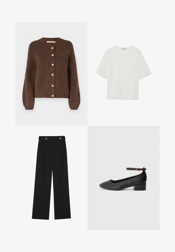 Rue de Femme NEW LEONORA - Vesta na kopčanje - bitter chocolate; Bijela majica kratkih rukava napravljena od mekog materijala. Ima zaobljen izrez i blago kutni kroj. Glatka tekstura, minimalni detalji.; Crne hlače širokih nogavica s visokim strukom, s dugmadi na pojasu i prednjim nabora.; Crne kožne pumpe s oštrim vrhom i niskom blok petom. Sadrže remen oko gležnja s zlatnim kopčanjem. Glatka tekstura.
