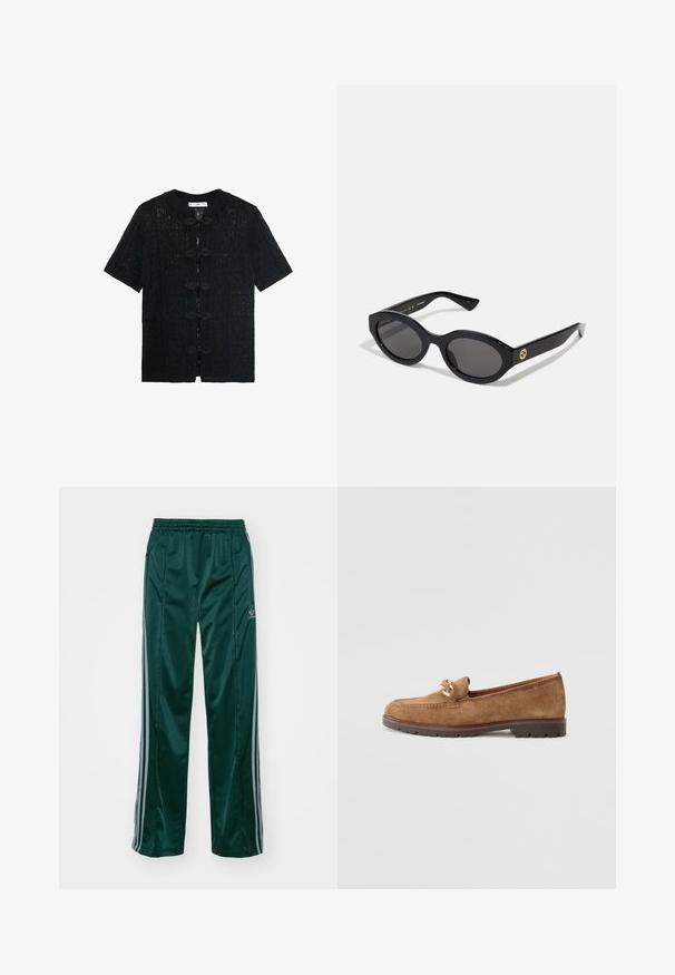 Czarna bluzka z krótkim rękawem o teksturowanym wzorze z koronki, z okrągłym kołnierzykiem i dekoracyjnymi guzikami zapinającymi z przodu.; Brązowa koszula z długim rękawem, z kołnierzykiem, zapinana na guziki z detalami w postaci plis. Wykonana z gładkiego materiału o dopasowanym kroju.; Ciemnozielone spodnie sportowe wykonane z błyszczącego materiału, z bocznymi paskami w jasnoszarym kolorze oraz haftowanym logo na lewej nodze.; Tamaris - Półbuty wsuwane; Czarne okulary przeciwsłoneczne w owalnym kształcie z ciemnymi szkłami i błyszczącą plastikową oprawką. Posiadają złote logo na zausznniku, co nadaje im elegancki i nowoczesny wygląd.; Złote okrągłe kolczyki wkrętki o polerowanym wykończeniu i małym słupku. Charakteryzują się gładką teksturą i lustrzaną powierzchnią.