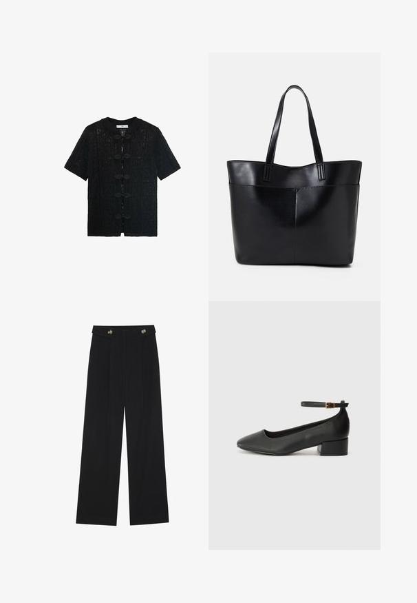Czarna bluzka z krótkim rękawem o teksturowanym wzorze z koronki, z okrągłym kołnierzykiem i dekoracyjnymi guzikami zapinającymi z przodu.; Czarny t-shirt z krótkimi, bufkowymi rękawami wykonany z miękkiego materiału. Posiada klasyczny okrągły dekolt oraz regularny krój.; Czarne szerokie spodnie z wysokim stanem, z detalami w postaci guzików na pasku oraz plisami z przodu.; Czarne skórzane szpilki z ostrym noskiem i niskim słupkowym obcasem. Wyposażone w pasek na kostkę z złotym zapięciem. Gładka tekstura.; Czarna skórzana torba na ramię z dwoma długimi uchwytami, gładką teksturą i sztywną formą. Posiada przednią kieszeń dla dodatkowego przechowywania.