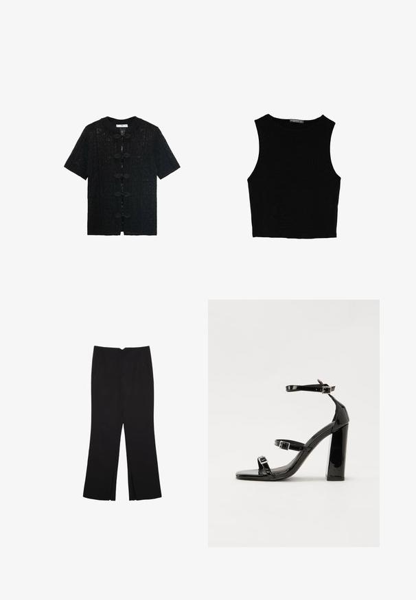 Top nero a maniche corte con un motivo in pizzo testurizzato, dotato di colletto rotondo e chiusure decorative a bottoni nella parte anteriore.; Top corto senza maniche nero realizzato in tessuto liscio, con scollatura rotonda e un design pulito e semplice, privo di pattern o accessori.; Pantaloni neri a gamba dritta, con tasche frontali e spacchi laterali all'orlo. Realizzati in tessuto morbido e liscio. Adatti a diverse occasioni.; Sandali con tacco in vernice nera, con punta squadrata, cinturini alla caviglia e fibbie in argento. Presentano un tacco a blocco spesso per maggiore stabilità.
