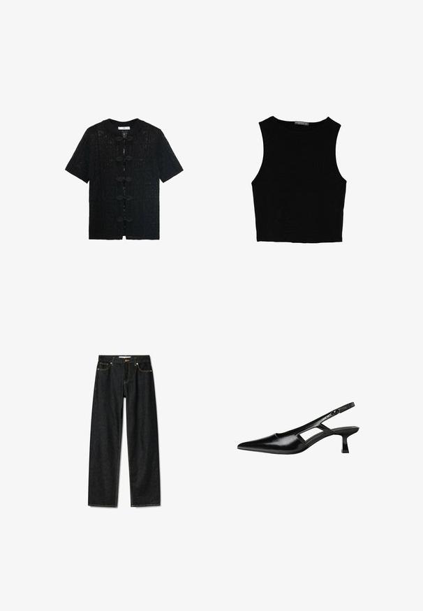 Čierny top s krátkym rukávom a textúrovaným čipkovým vzorom, s okrúhlym golierom a ozdobnými gombíkovými uzávermi na prednej strane.; Čierny bezrukávový crop top vyrobený z hladkej tkaniny, so zaobleným výstrihom a čistým, jednoduchým dizajnom bez vzorov alebo kovania.; Tmavé denimmové rifle s rovný strihom, mosadzným zapínaním na gombík a kontrastným žltým prešívaním. Obsahujú päť vreciek a klasický strih.; Čierne lakované kožené lodičky na podpätku s špicatou špičkou, výrezovým dizajnom na boku a malým štvorcovým podpätkom. Hladký povrch s minimálnymi akcentmi.