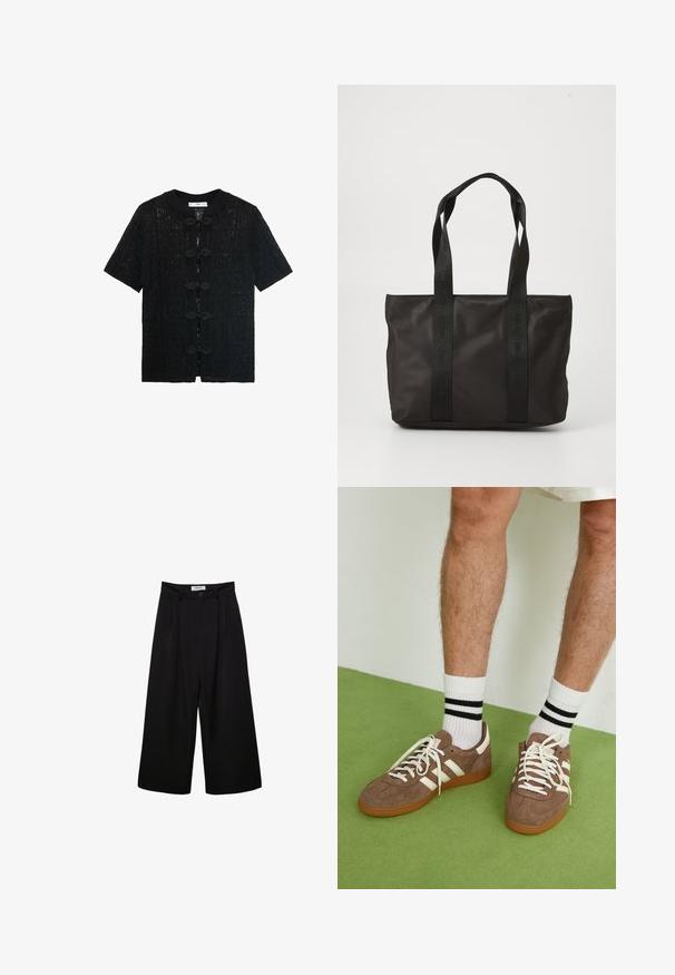 Svart kortärmad topp med ett texturerat spetsmönster, med rund krage och dekorativa knappar fram.; Tre vita bomull t-tröjor med korta ärmar och rundad halsringning, med en mjuk textur och enhetlig design.; Svarta vida byxor med hög midja, plisserad front och knappstängning. Tillverkade av ett mjukt tyg med skräddarsydd design.; Bruna mockaskor med vita detaljer och snören. Gummisula i beige. Bärs med vita strumpor med svarta ränder. Grön strukturerad golvyta.; Svart nylon toteväska med två robusta handtag, med en texturerad yta och präglad logotyp. Enkel design utan ytterligare dekorationer.