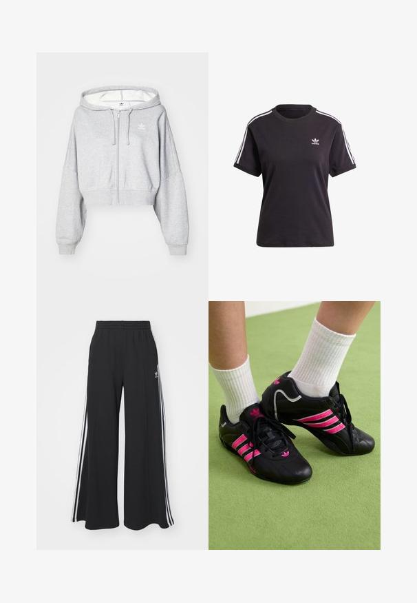 Sweatshirt cropped em cinza claro com fecho éclair e capuz ajustável, apresentando um logo branco no lado esquerdo do peito e punhos canelados. Material suave.; T-shirt preto de algodão de mangas curtas com gola redonda, apresentando riscas brancas nos ombros e um pequeno logotipo branco da Adidas no peito.; Calças de suor largas e pretas com uma cintura elástica, apresentando riscas brancas nas laterais e um logótipo bordado na coxa esquerda.; Sapatos atléticos pretos com três riscas rosas, parte superior em couro texturizado, atacadores pretos e detalhe do logótipo, combinados com meias brancas com nervuras sobre uma superfície verde.