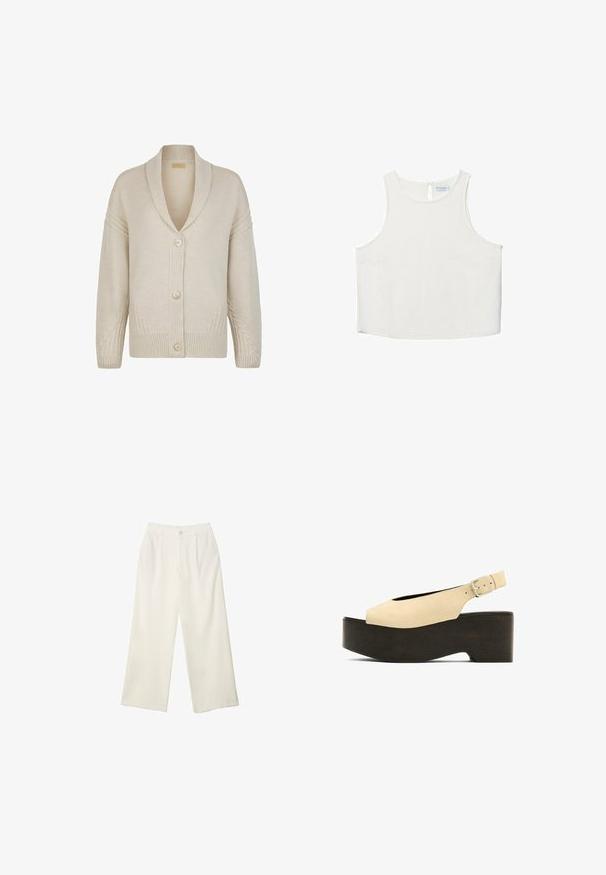 Beige stickad kofta med sjalkrage, försedd med tre knappar, ribbade muddar och flätstickade detaljer på ärmarna.; Vit ärmlös topp med rundad halsringning, featuring en subtil textur, detalj med nyckelhål i ryggen och rak nederkant.; Breda byxor i krämfärgad tyg med en mjuk yta, med en enda knapp fram, subtila veck och en hög midja design.; Beiga mockaskinns plattformssandaler med öppen tå, sandleksdesign och en mörk träliknande bas, med en metallspänne för justering.