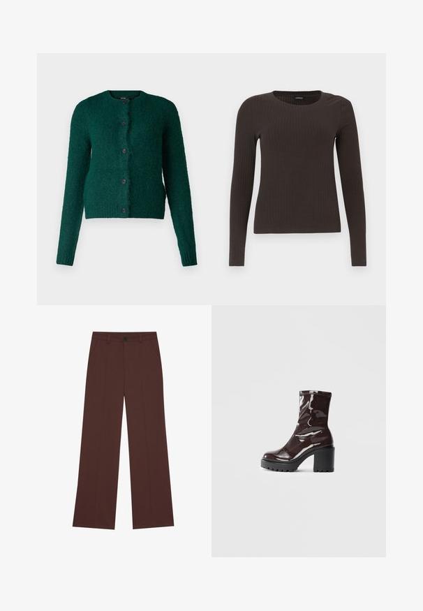 Vero Moda VMNOVAH LS O-NECK BUTTON NOOS - Kardiganas - pine grove; Rudas, su ilgomis rankovėmis, grioveliais dekoruotas viršus su apvaliu iškirpimu. Pagamintas iš lygaus, elastingo audinio, su prigludusia siluetu ir minimaliais akcentais.; Platūs kelnės iš turtingos rudos medžiagos. Savybėse yra mygtukų uždarymas, dvi priekinės kišenės, lygi tekstūra ir švarios linijos.; Blizgus burgundių spalvos kulknapis su tankiu juodu kulnu, pasižymintis lygiu paviršiumi ir paprastu dizainu. Nėra matomų užsegimų ar raštų.