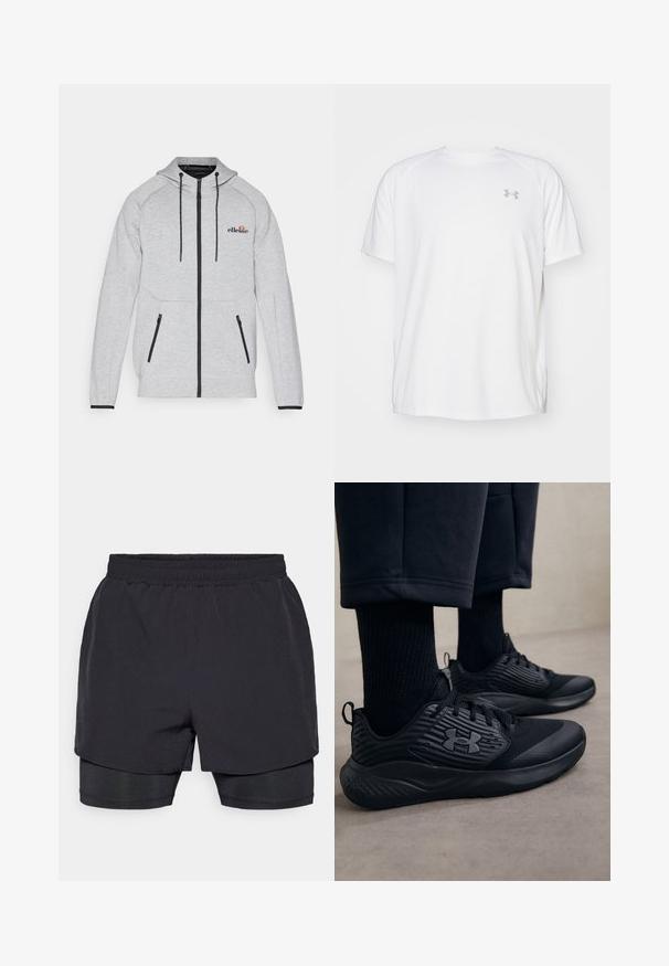 Felpa grigia con zip e cappuccio, con lacci neri, tasche laterali con zip e polsini a coste. Presenta un piccolo logo sul petto.; Maglietta da ginnastica bianca a maniche corte realizzata in tessuto liscio. Presenta un colletto rotondo e un logo grigio sul lato sinistro del petto, con fessure laterali all'orlo.; Pantaloni sportivi neri con vita elasticizzata, design a strati e foderato interno aderente. Texture liscia, progettati per il comfort.; Persona che indossa sneakers sportive nere con lati testurizzati e logo, abbinate a calze nere e pantaloni corti su un pavimento chiaro.