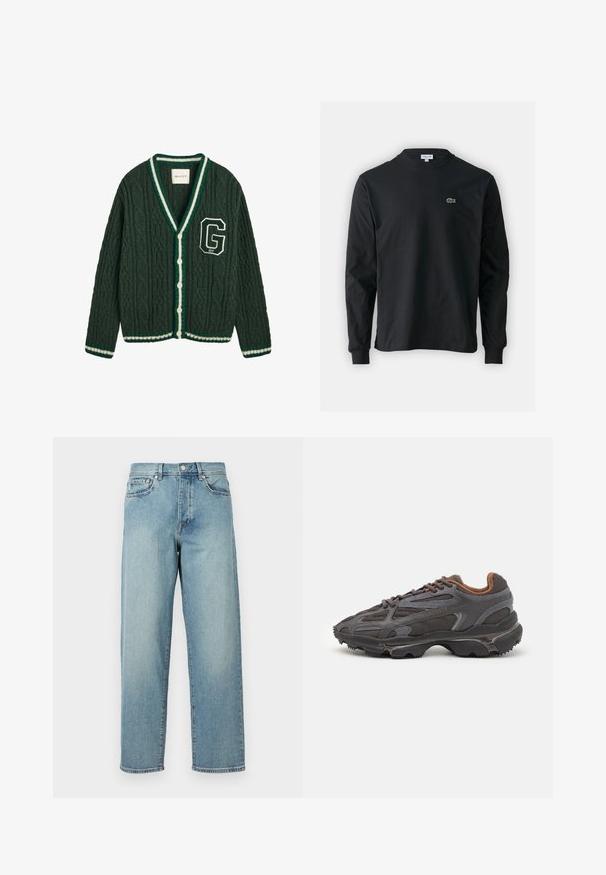 GANT SEASONAL G CABLE V-NECK - Kardigán - tartan green; Fekete hosszú ujjú pamut póló, kerek nyakkivágással, bal mellen egy kis zöld hímzett krokodil logóval.; Világoskék farmernadrág laza szabással, egyenes lábakkal, öt zsebes dizájnnal és gombos derékkal. Minimalista varrási részletek.; Sötét szürke Lacoste sportcipők hálós és szintetikus anyagból, textúrázott talppal és barna díszítésekkel a nyak részen és a logón.