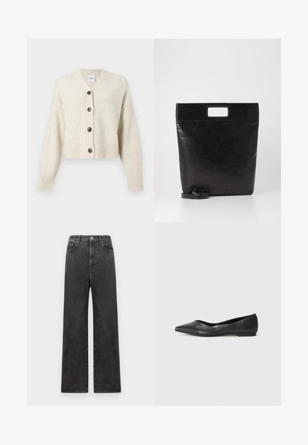 Licht beige gebreide cardigan met een V-hals, vijf donkere knopen, geribbelde boorden en zoom. Zachte textuur en cropped ontwerp.; Lichtroze gestreepte shirt met verticale lijnen in groen en geel, knoopsluiting en lange mouwen met contrasterende manchetten.; Zwarte denim broek met wijde pijpen en een hoge taille, voorzien van voorzakken, een knoopsluiting en een licht vervaagde structuur.; Zwarte leren ballerina met een spitse neus, lage hak en een gladde structuur. Minimalistisch ontwerp met een subtiele zijaccent.; Zwarte leren draagtas met een vierkant handvat, met een gestructureerde afwerking en een reliëflogo. Inclusief een afneembare schouderband.